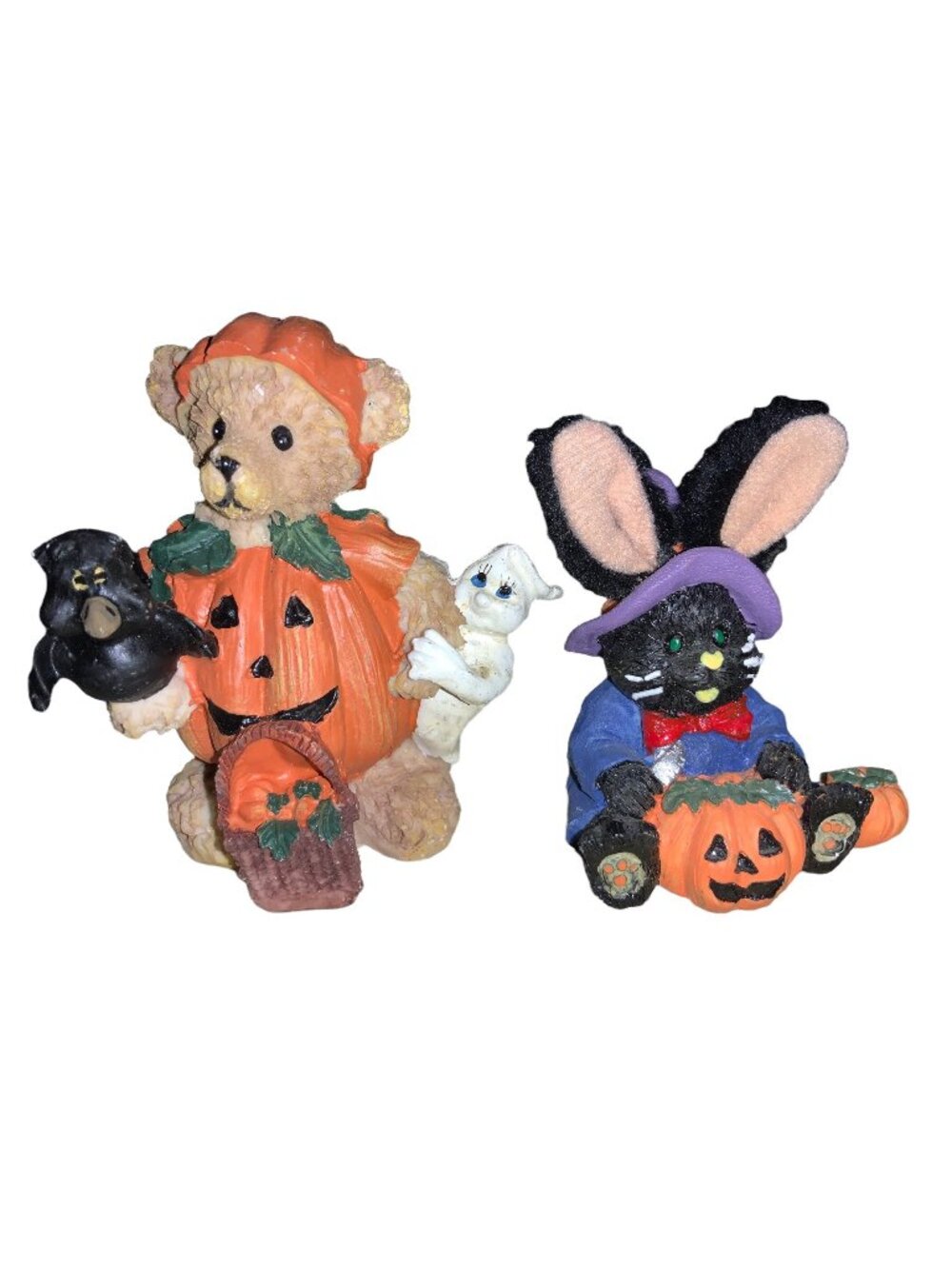 Halloween Bear and Bunny Figurines Set Pumpkin Witch Theme Resin Decoration